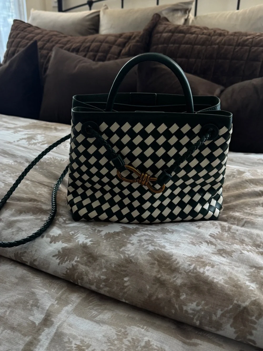 Green and White Woven Handbag